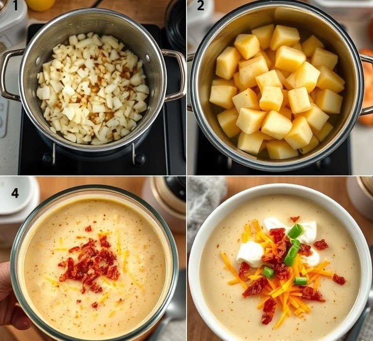 Step-by-step process of making Baked Potato Soup in four panels
