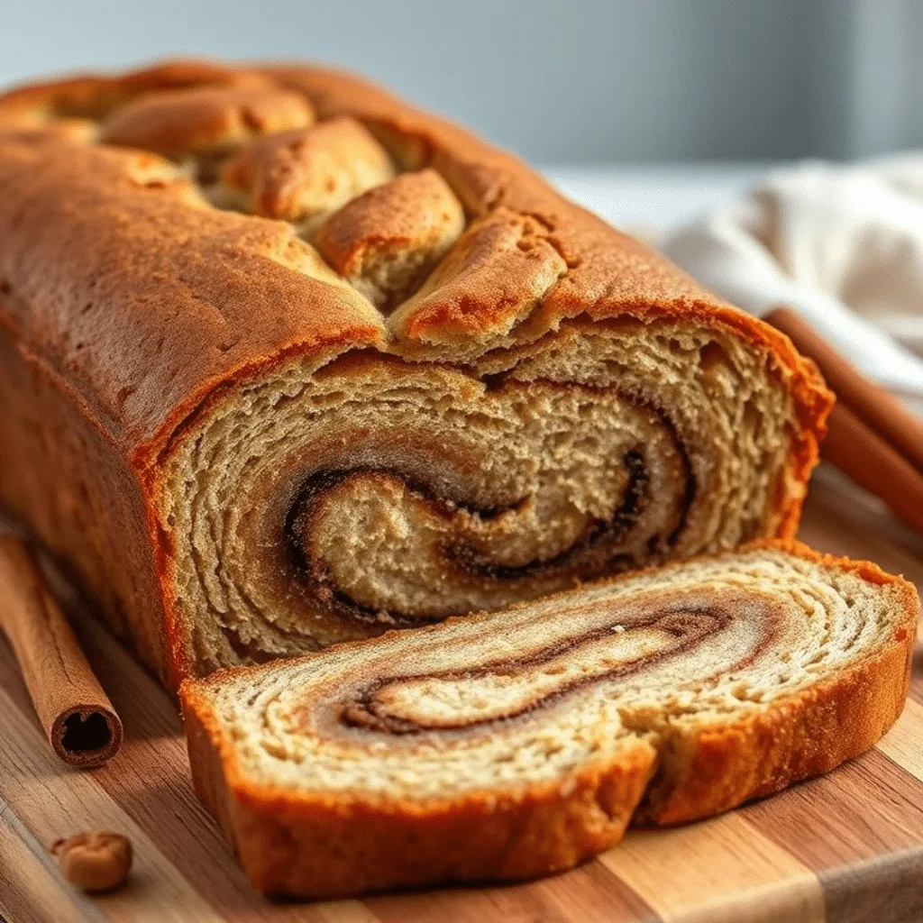 Cinnamon Swirl Banana Bread Bliss: A Warm and Cozy Treat 2 Cinnamon Swirl Banana Bread loaf sliced on wooden board with cinnamon sticks