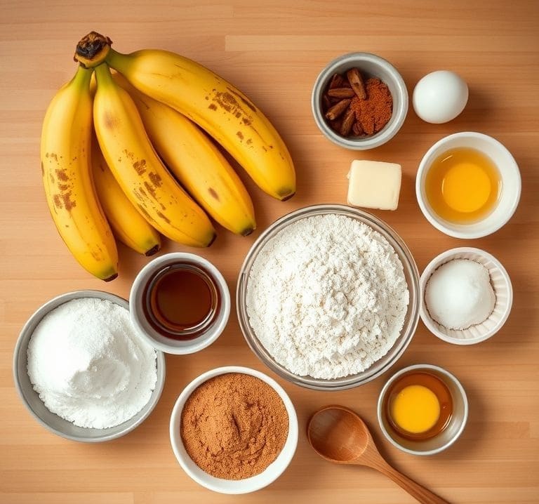 Cinnamon Swirl Banana Bread Bliss: A Warm and Cozy Treat 3 Ingredients for Cinnamon Swirl Banana Bread arranged on kitchen counter