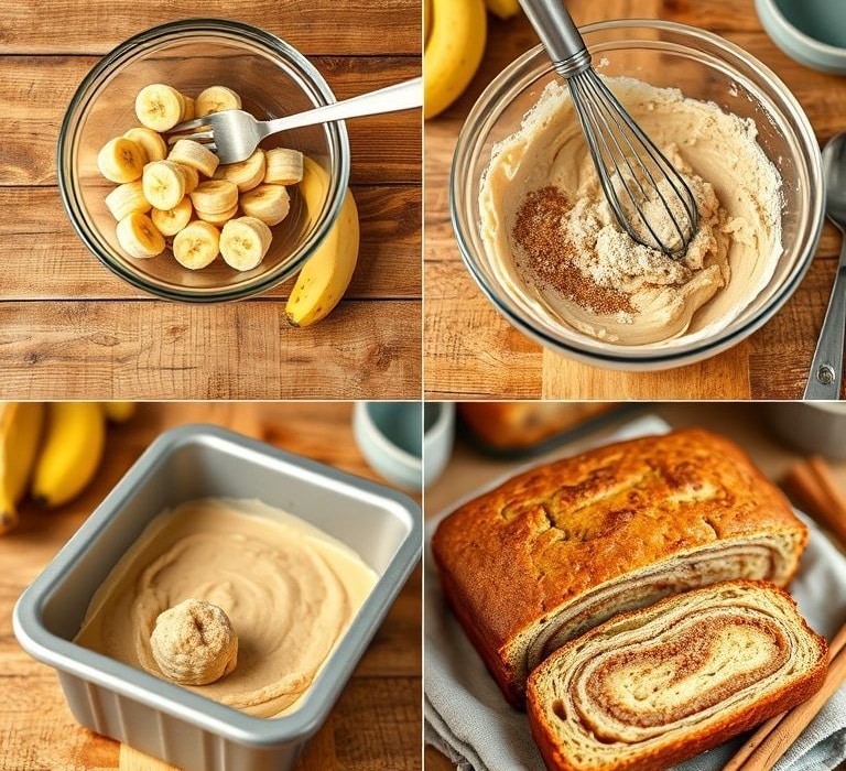 Cinnamon Swirl Banana Bread Bliss: A Warm and Cozy Treat 4 Mixing batter for Cinnamon Swirl Banana Bread in glass bowl