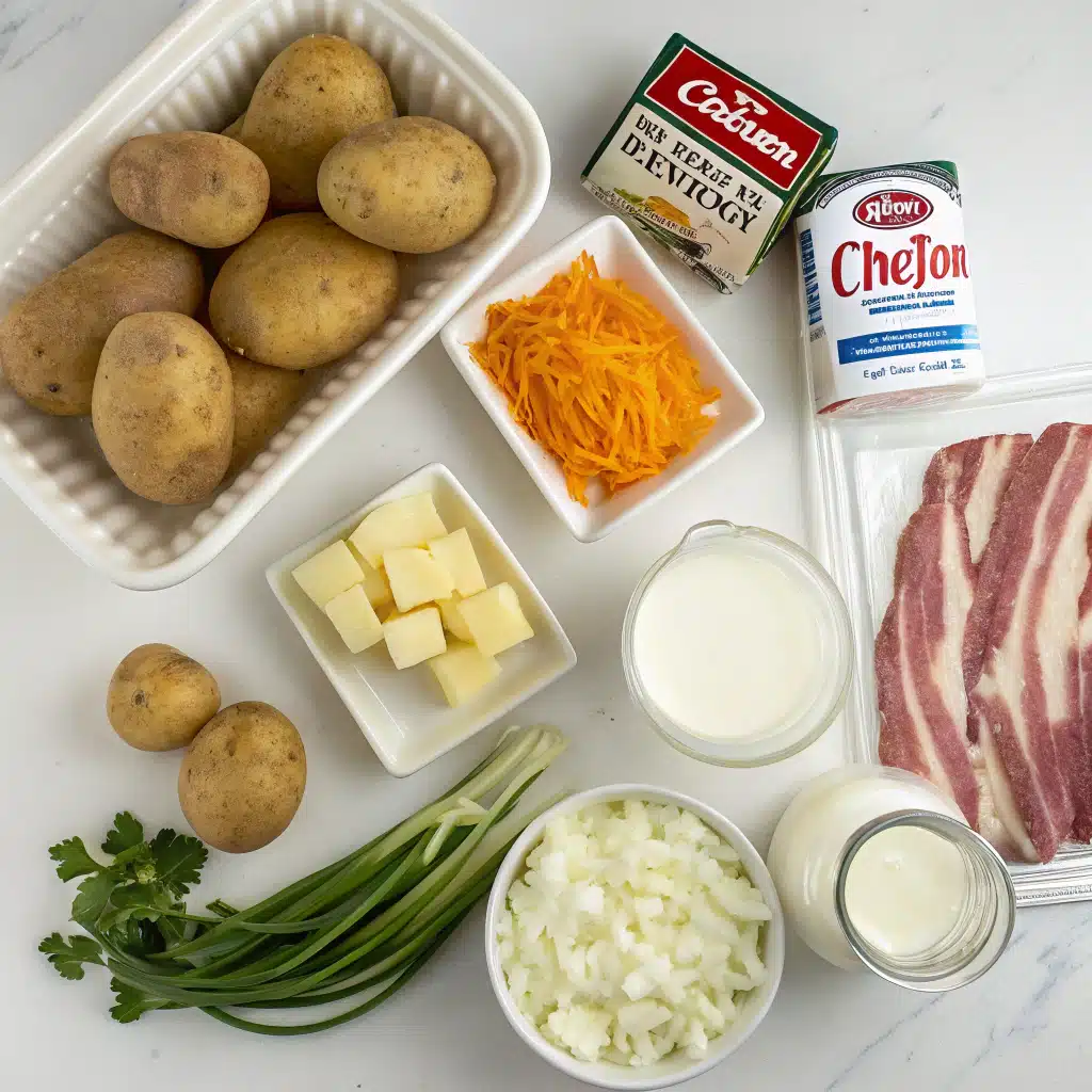 Fresh ingredients for loaded baked potato soup on kitchen counter