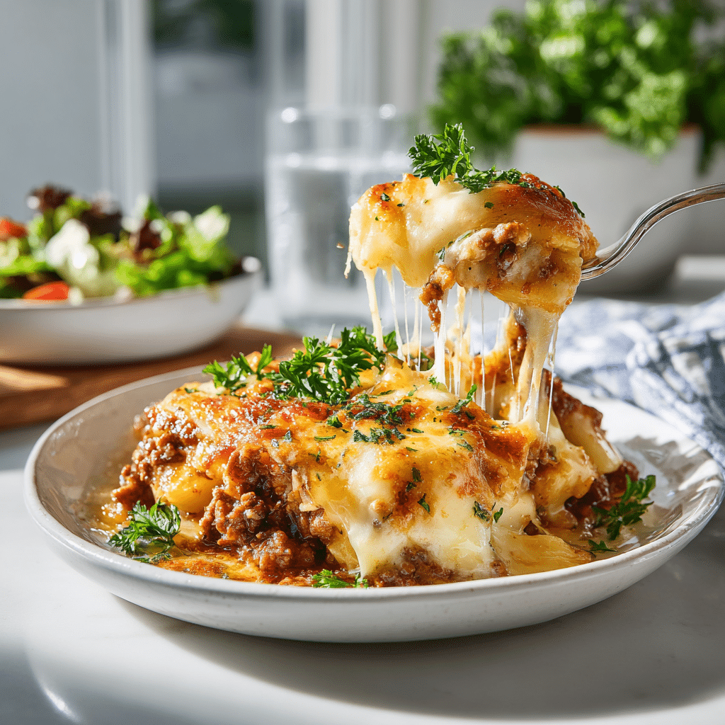 Served portion of Hobo Casserole with Ground Beef & Potatoes in simple clean kitchen