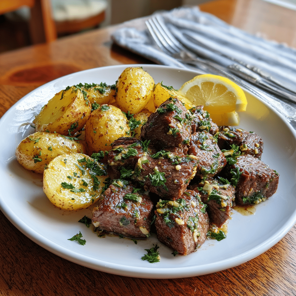 Garlic Butter Steak Bites and Potatoes served on dinner plate