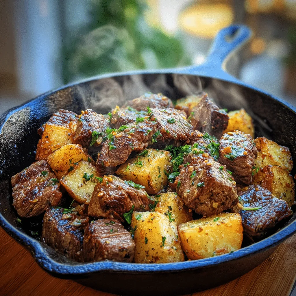 Garlic Butter Steak Bites and Potatoes in skillet, homemade style