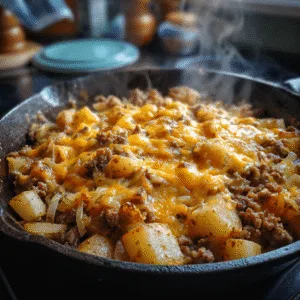 One-Pan Cheesy Meat & Potato Skillet with melted cheddar