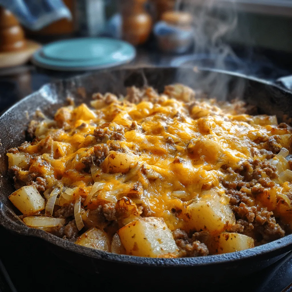 One-Pan Cheesy Meat & Potato Skillet with melted cheddar