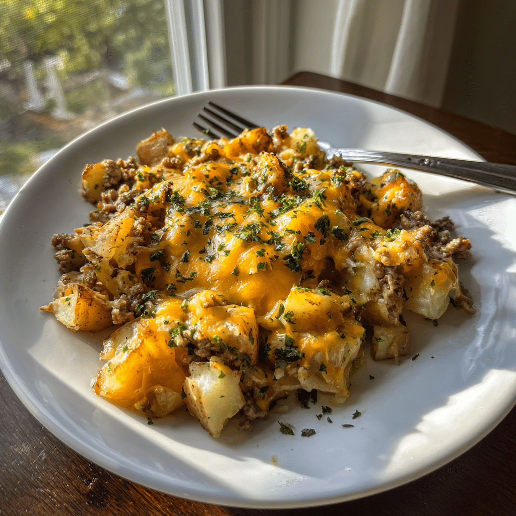Served plate of One-Pan Cheesy Meat & Potato Skillet