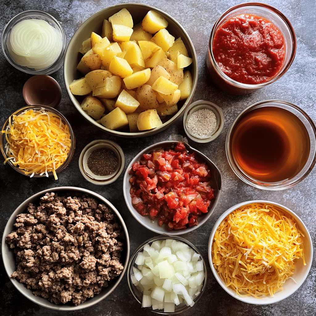 Ingredients for One-Pan Cheesy Meat & Potato Skillet