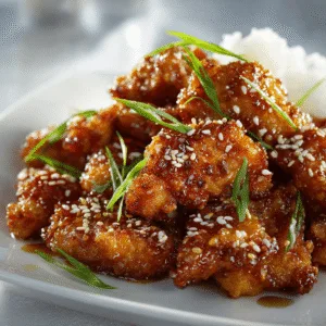 Easy Sesame Chicken served with sesame glaze and green onions