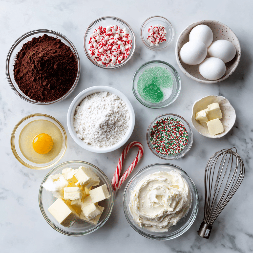 Frosted Christmas Brownies That Spark Holiday Magic 3 Ingredients for Frosted Christmas Brownies neatly arranged
