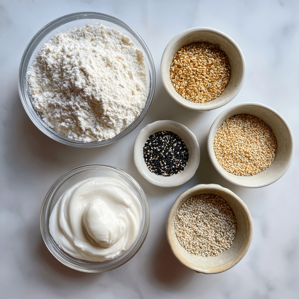 Ingredients for Greek Yogurt Bagels with flour, yogurt, and toppings
