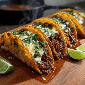 Hyper realistic Birria Tacos with beef, cilantro, onion, and consommé