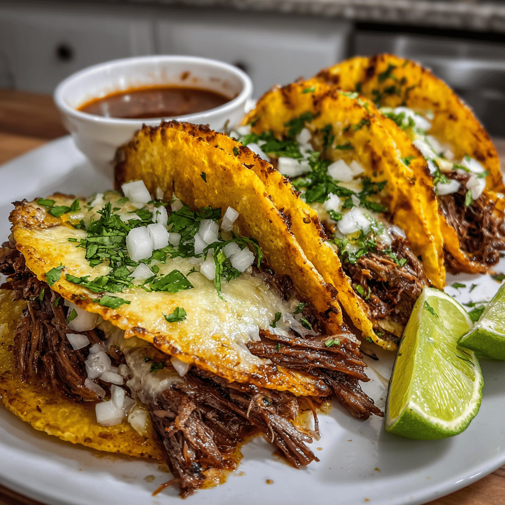 Birria Tacos Bliss: Irresistible Beef Birria Recipe for Soul Food Dinner 5 Hyper realistic Birria Tacos served with consommé and lime