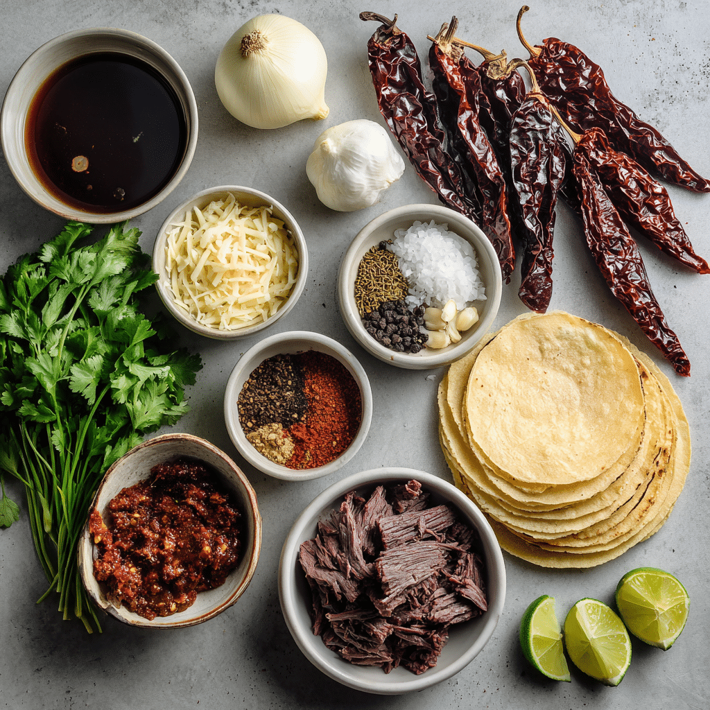 Birria Tacos Bliss: Irresistible Beef Birria Recipe for Soul Food Dinner 3 Hyper realistic ingredients for Birria Tacos on kitchen counter