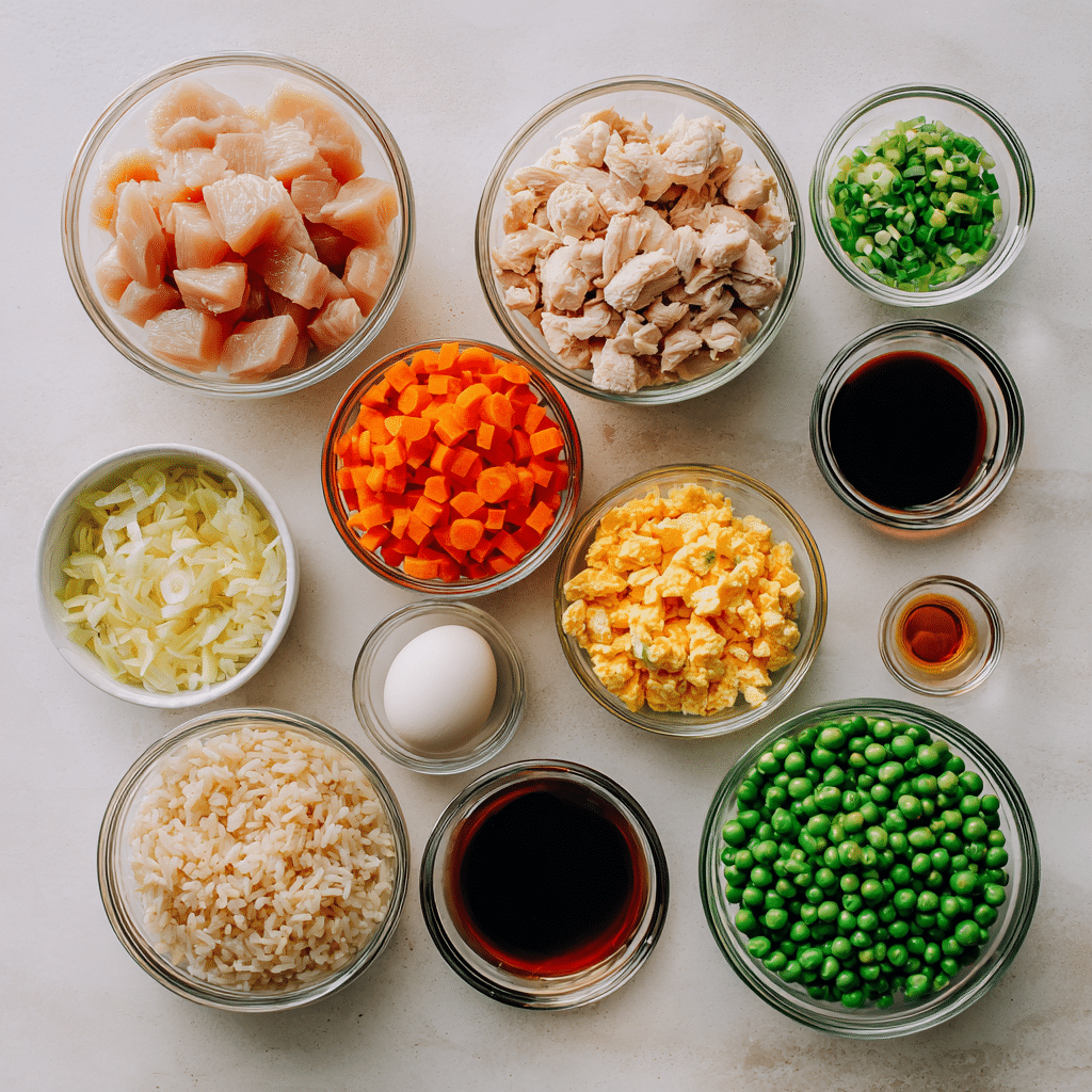 Ingredients for Chinese Chicken Fried Rice laid out in bowls