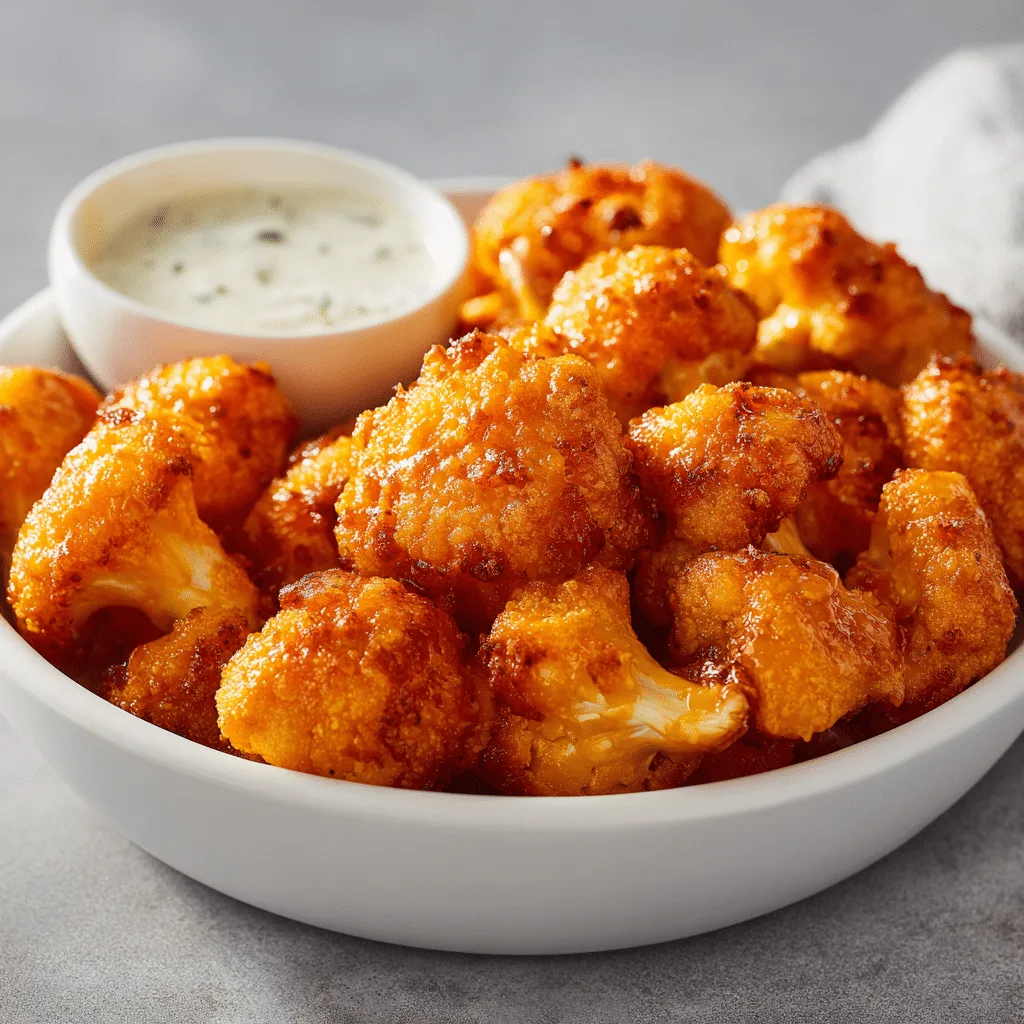 Air Fryer Buffalo Cauliflower Recipe in bowl with ranch dressing