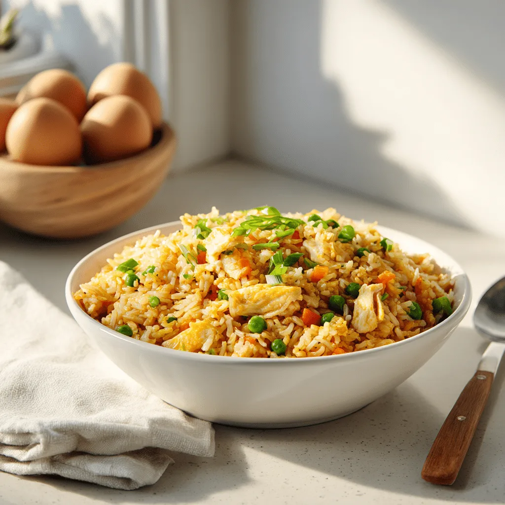 Chinese Chicken Fried Rice in ceramic bowl with vegetables and chicken
