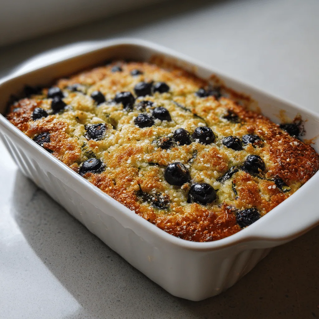 Zucchini Blueberry Baked Oatmeal in white ceramic dish