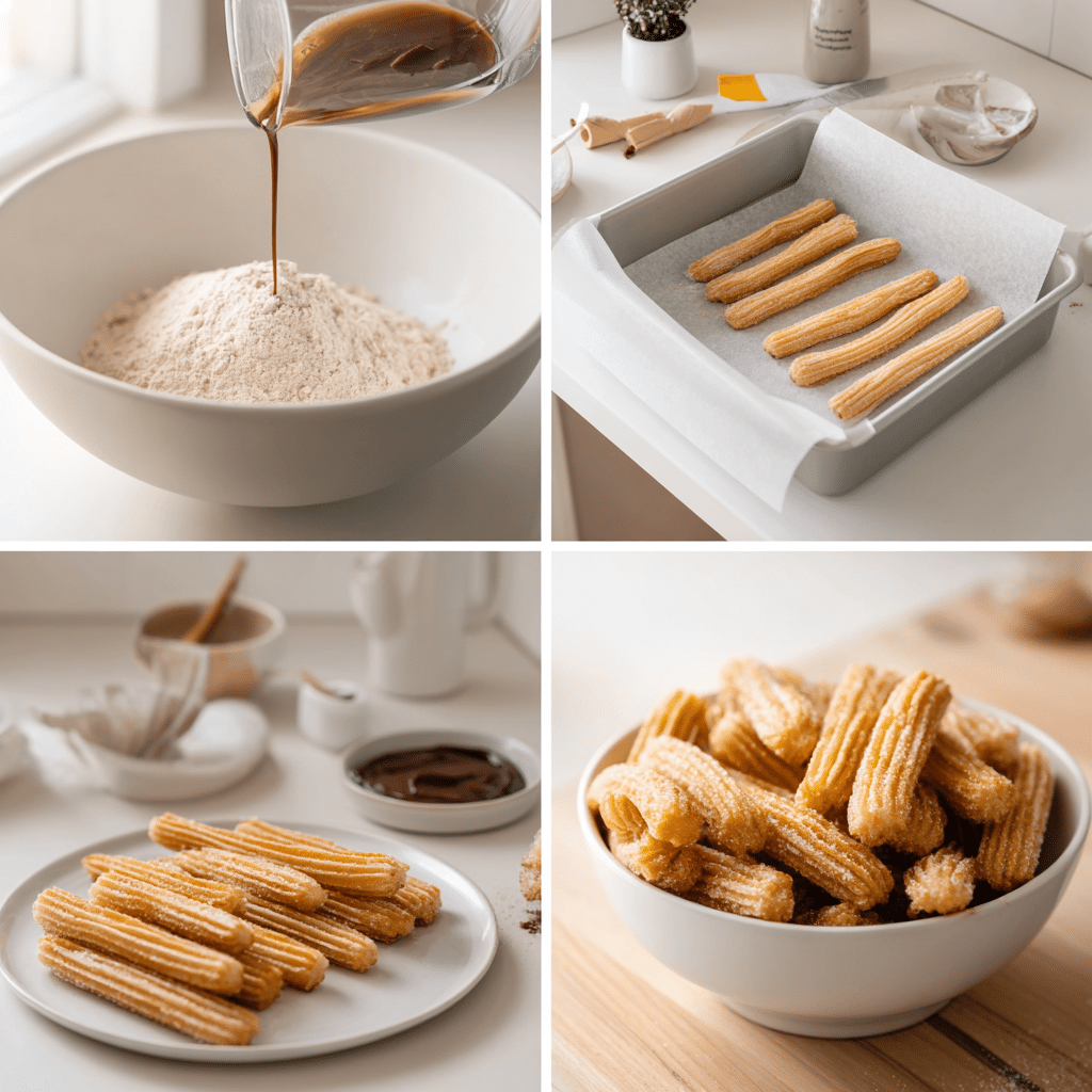 Step-by-step preparation of Delicious Baked Churro Bites in four panels