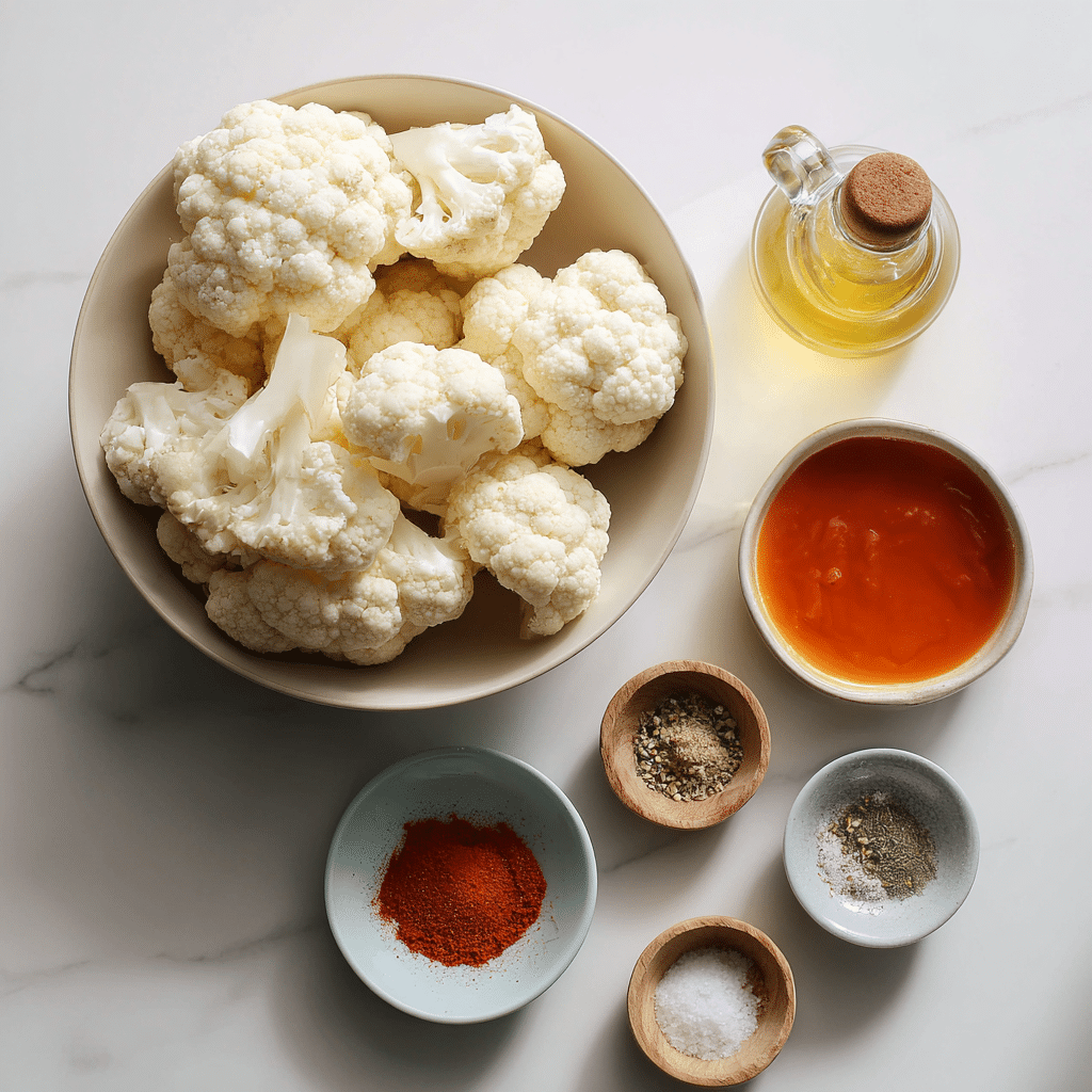 Ingredients for Air Fryer Buffalo Cauliflower neatly arranged