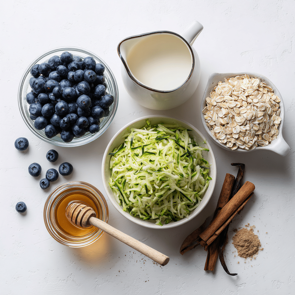 Ingredients for zucchini blueberry baked oatmeal
