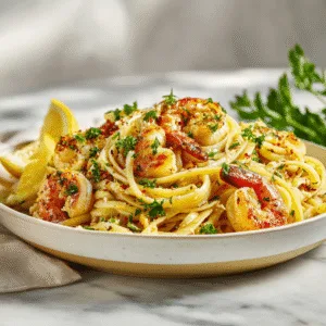 One-Pot Garlic Butter Shrimp Pasta beautifully plated with lemon and parsley
