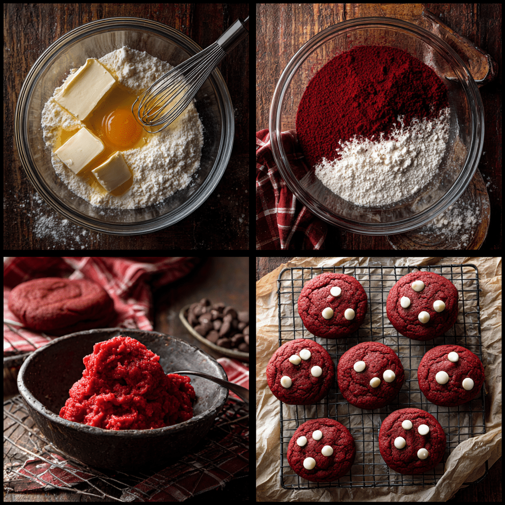 Step by step process making Red Velvet Cookies – mixing, scooping, and baking