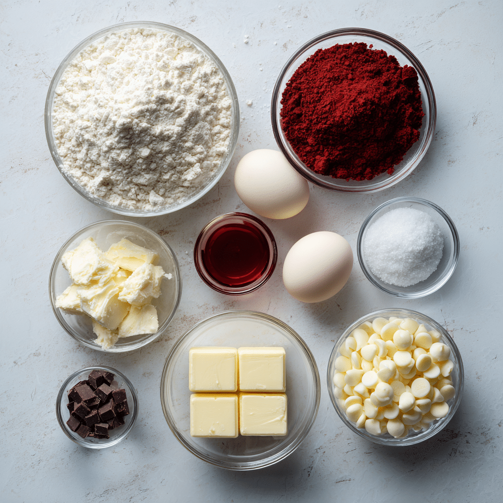 Red Velvet Cookie Ingredients neatly arranged on a marble surface