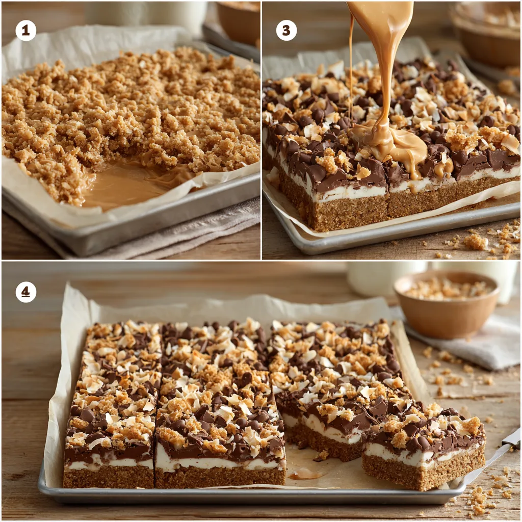 Cookie Bars from Eagle Brand: Irresistibly Decadent and Family-Friendly 4 A process collage showing buttery graham crust, condensed milk pour, chocolate/coconut/nut layer, and a golden baked slab being sliced into bars.