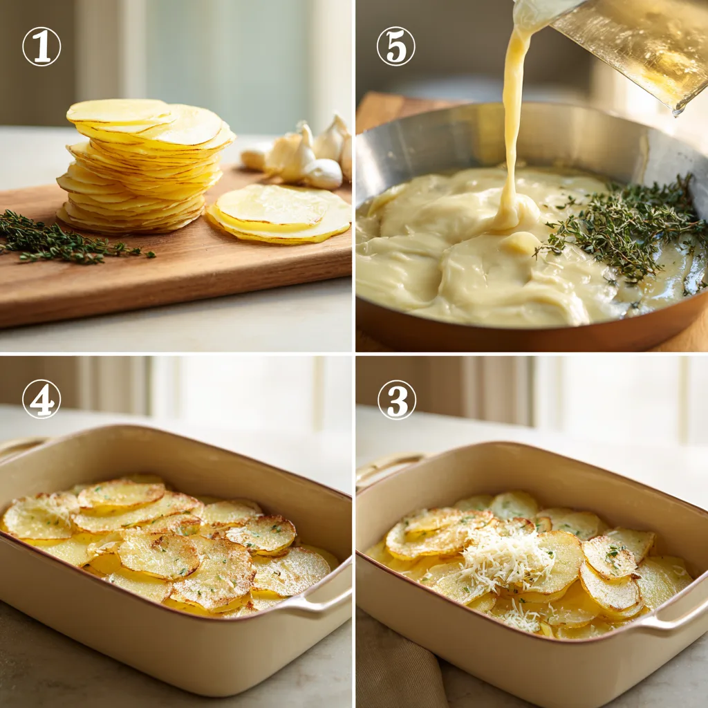 A process collage showing paper-thin slicing, a butter-garlic roux whisked with cream, seasoned sauce coating the slices, and upright layering baked to a bronzed, bubbling finish.