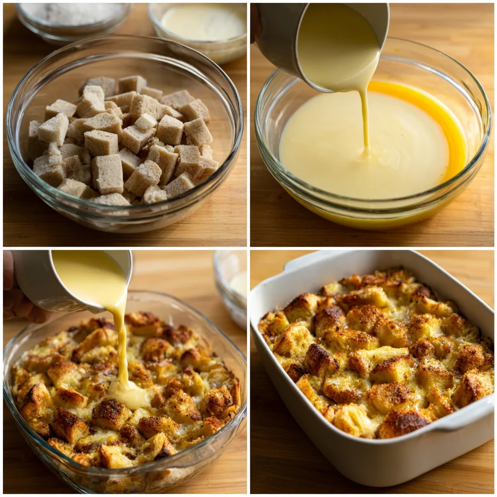 Step-by-step Cinnamon Roll Bread Pudding preparation collage