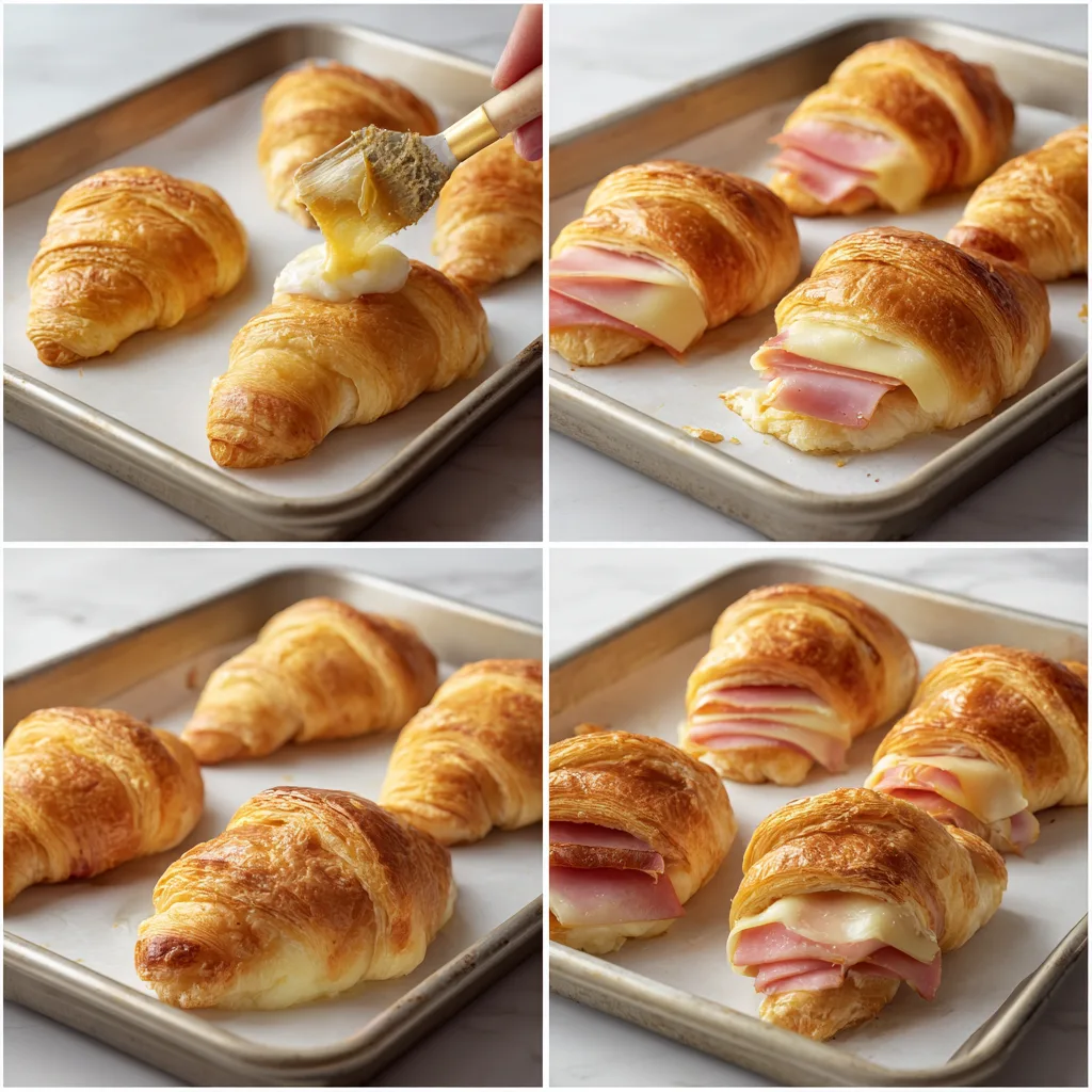 Baked Ham and Cheese Croissants: Irresistible Simple Brunch Food for Family 4 Step-by-step process for making baked ham and cheese croissants – from filling to baking.