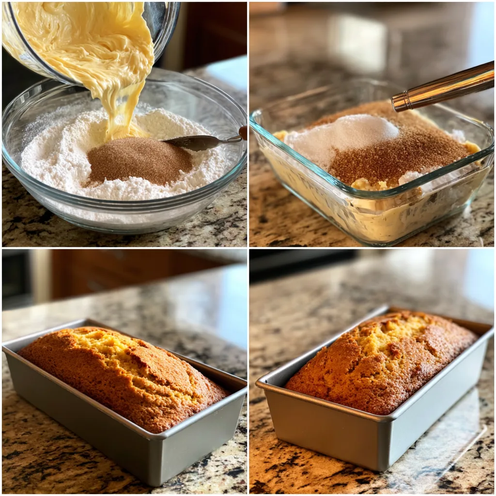 Step-by-step process making Cinnamon Swirl Pumpkin Loaf batter and baking