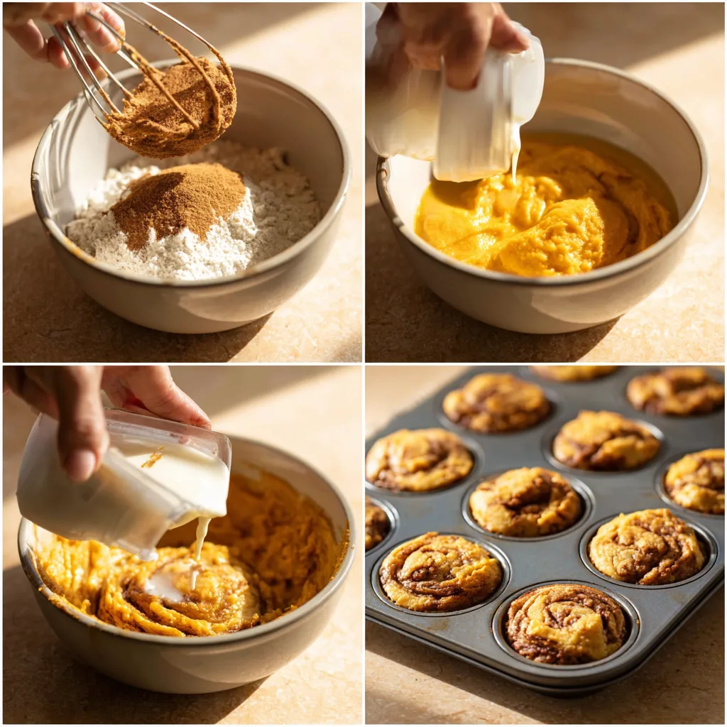 Step-by-step collage showing how to make Pumpkin Cinnamon Roll Muffins