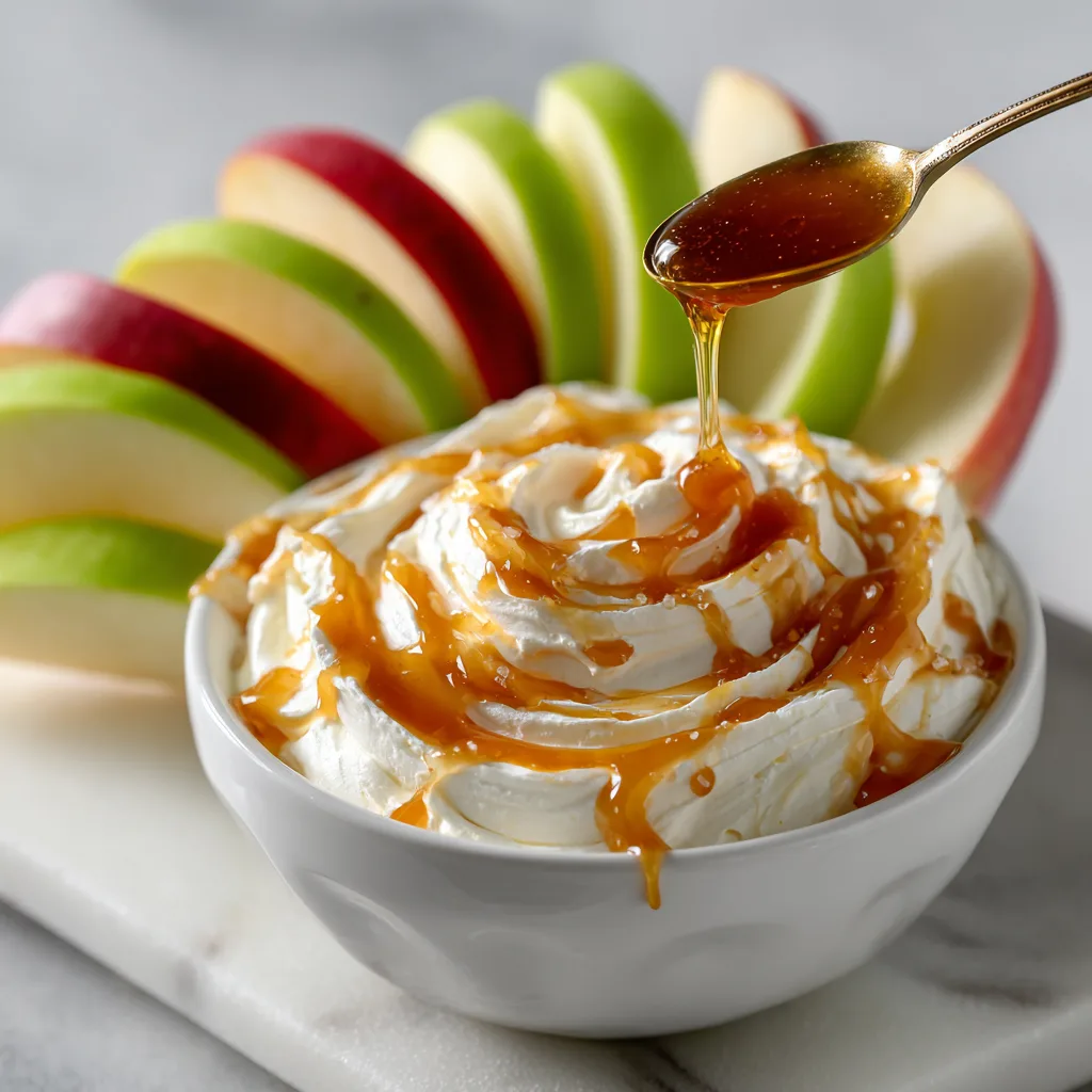 Cream Cheese Caramel Apple Dip with apple slices and caramel drizzle