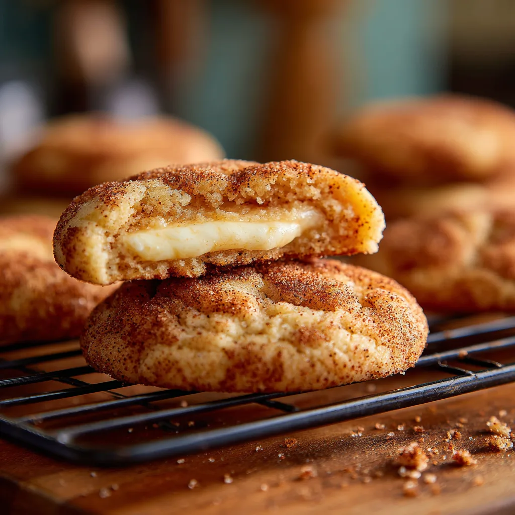 Cheesecake Stuffed Snickerdoodles with creamy cheesecake center