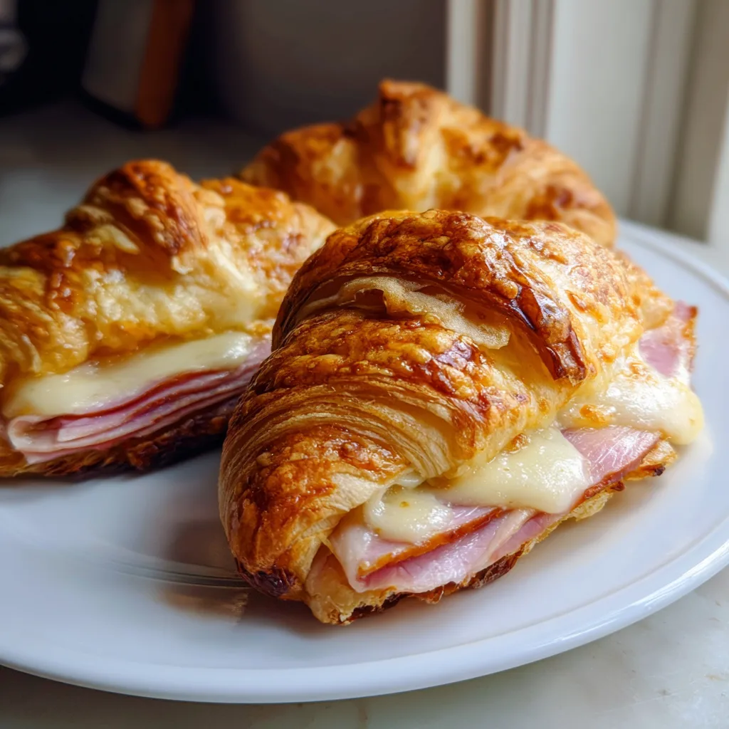 Baked Ham and Cheese Croissants: Irresistible Simple Brunch Food for Family 2 Baked Ham and Cheese Croissants – golden, flaky, and filled with melted Swiss cheese and smoked ham.