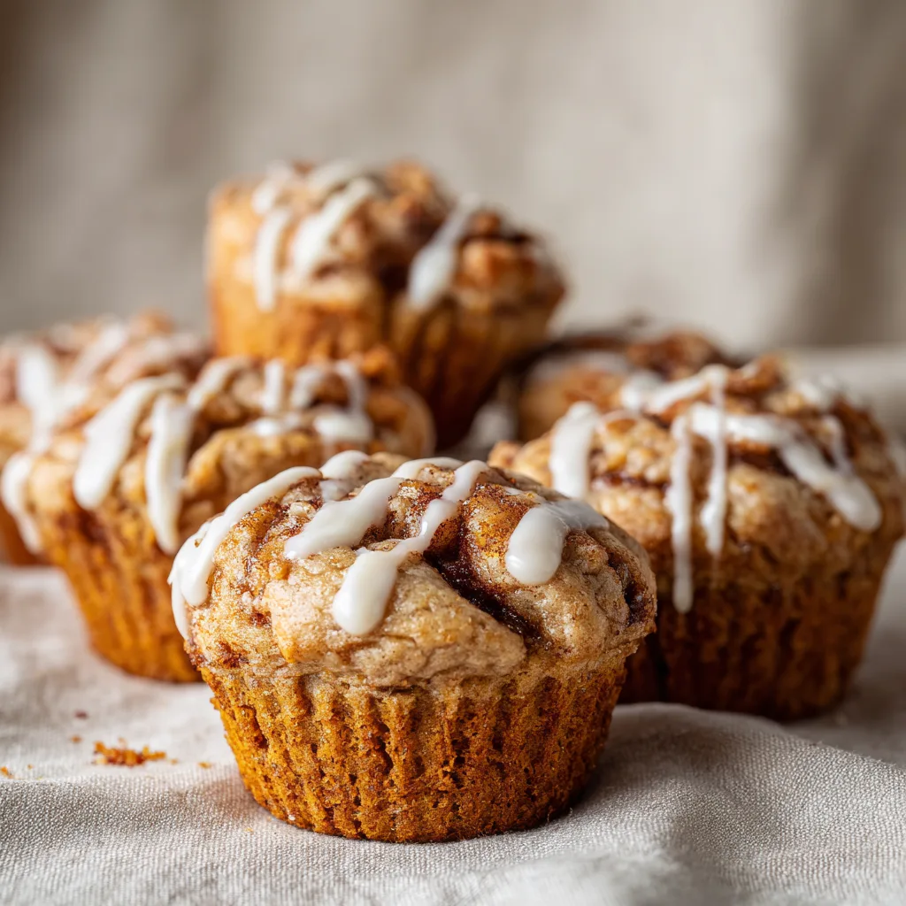 Pumpkin Cinnamon Roll Muffins fresh from the oven with cinnamon swirl and icing drizzle