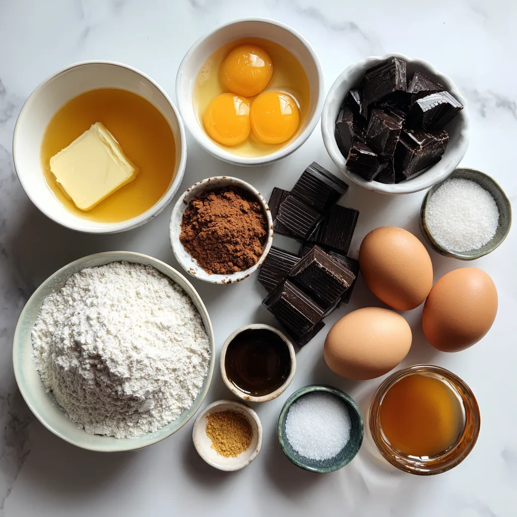 Molten Salted Caramel Brownies for Irresistible Thanksgiving Desserts 3 Ingredients for molten salted caramel brownies arranged on white kitchen surface