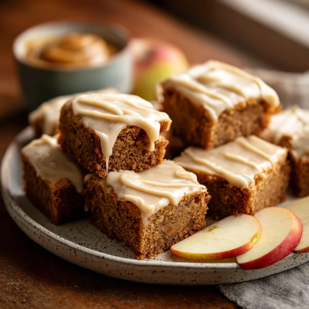 Apple Blondies with Brown Butter Frosting freshly baked on a plate