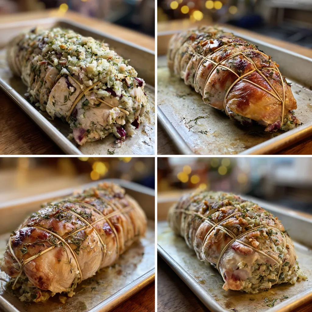 Step-by-step process of making Christmas stuffed turkey breast at home