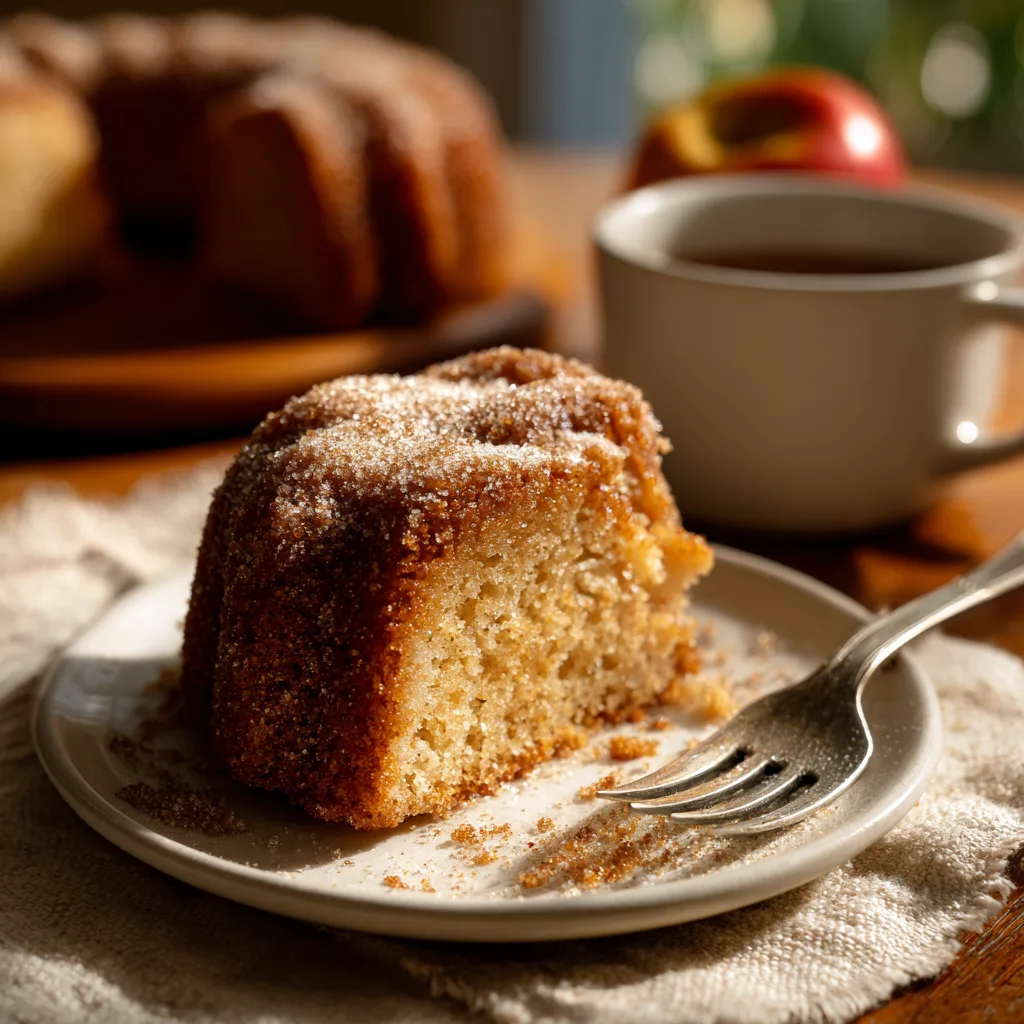 Slice of Apple Cider Donut Cake on white plate with cinnamon sugar