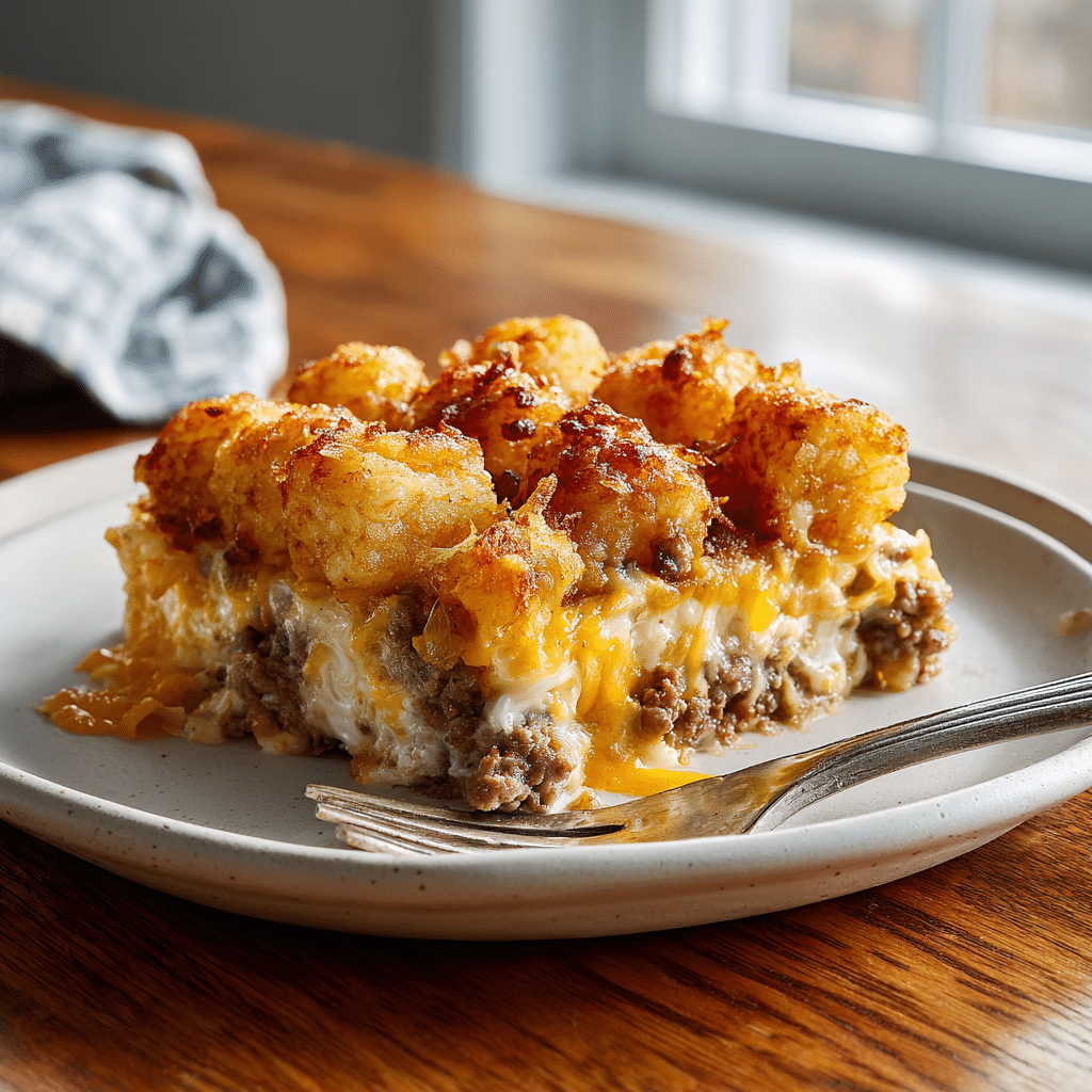 Slice of Cracked Out Tater Tot Breakfast Casserole served on a plate in a casual kitchen