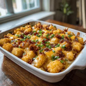 Cracked Out Tater Tot Breakfast Casserole baked with bacon, cheese, and green onions in a home kitchen