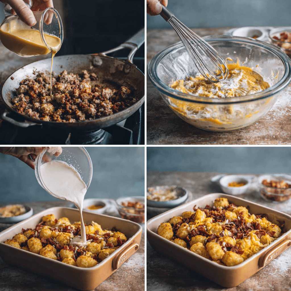 Four-step amateur photo collage of making Cracked Out Tater Tot Breakfast Casserole