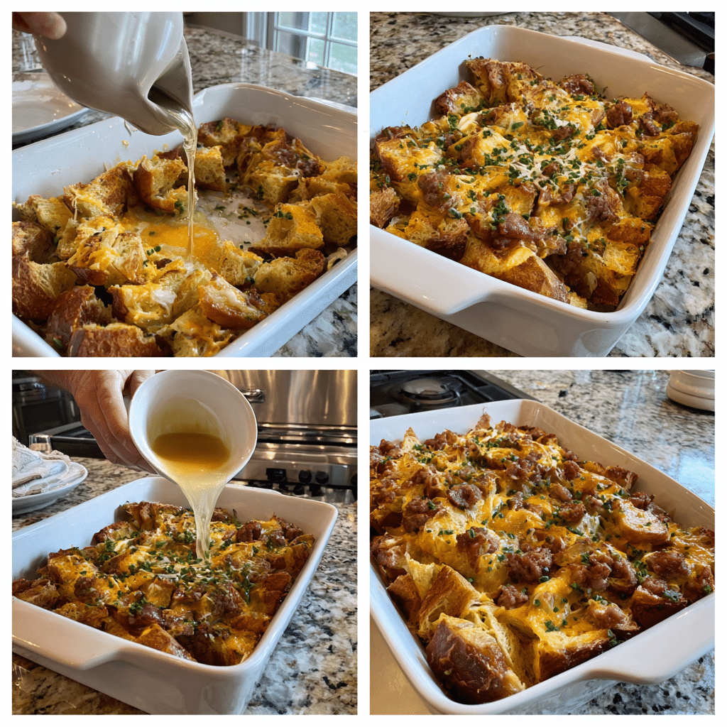 Croissant Breakfast Casserole step photos—layer croissants, add sausage, pour eggs, bake