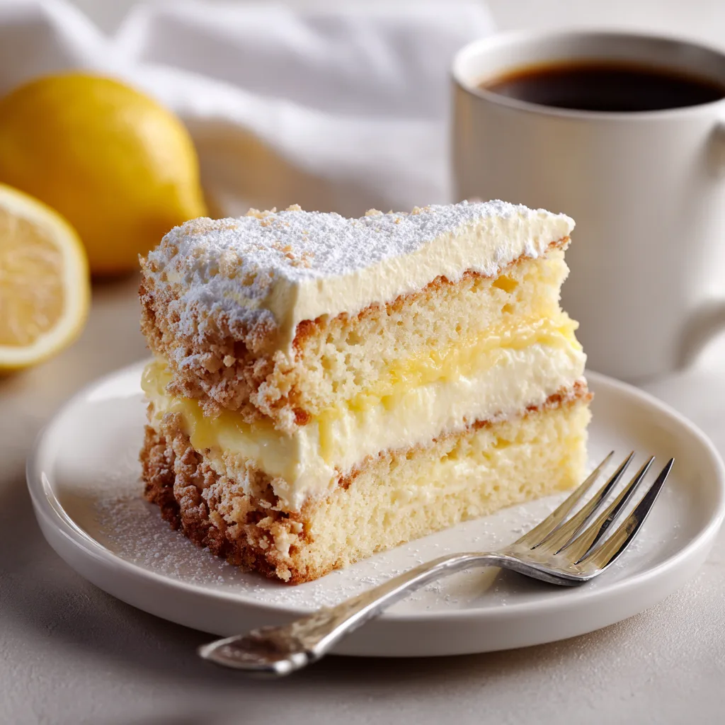 Slice of Cheesecake Factory Italian Lemon Cream Cake served on a plate