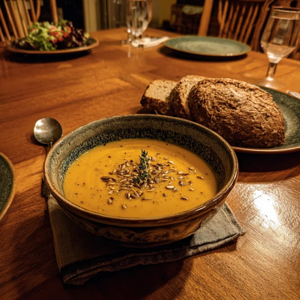 Serving of protein-packed butternut squash soup with bread and salad
