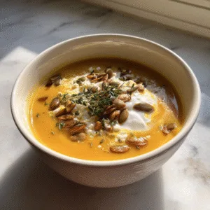Protein-packed butternut squash soup with seeds and thyme garnish in white bowl