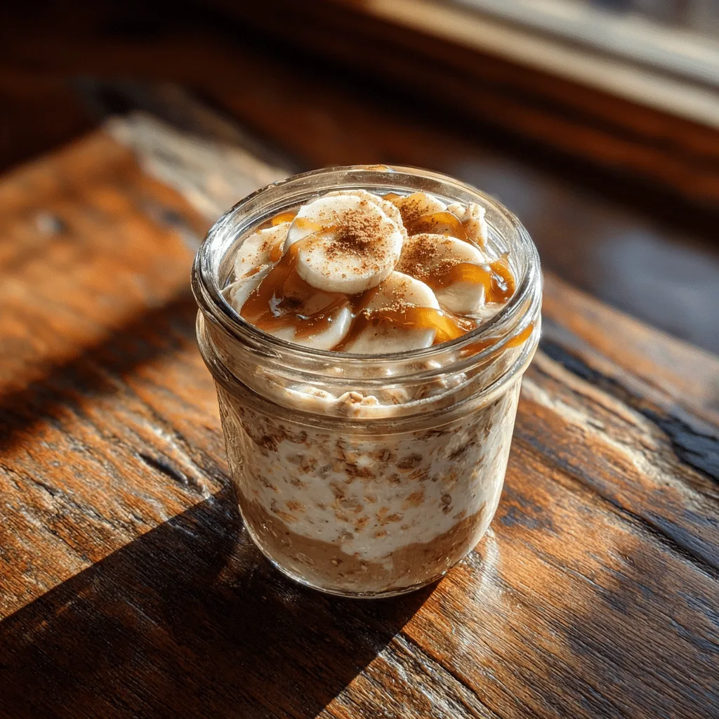 Brown Sugar Overnight Oats in jar topped with banana and maple drizzle
